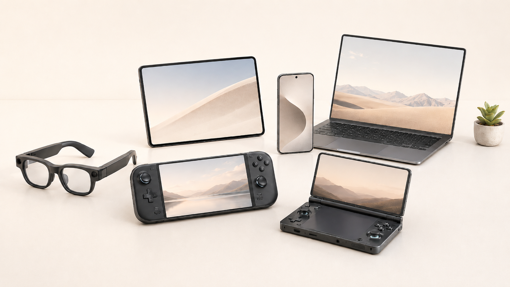 Portable tablet, headset, handheld, phone, laptop, and earbuds arranged on a bright desk